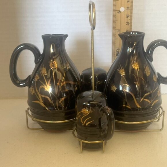 Vintage MCM Hand Painted Gold On Black Wheat Pattern Condiment Set W/Stand Japan - Picture 6 of 7